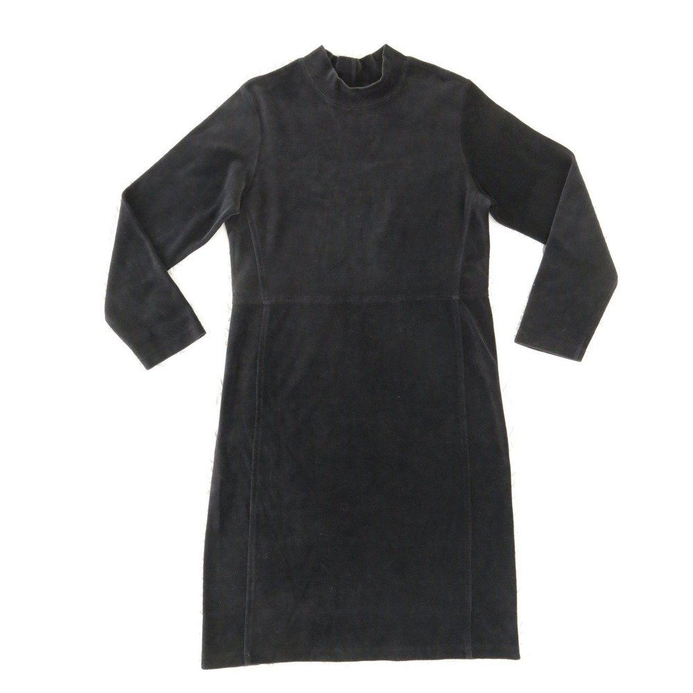 Vintage 90s LL Bean Small Velour Cotton Velvet Mock Neck Dress Black Sheath
